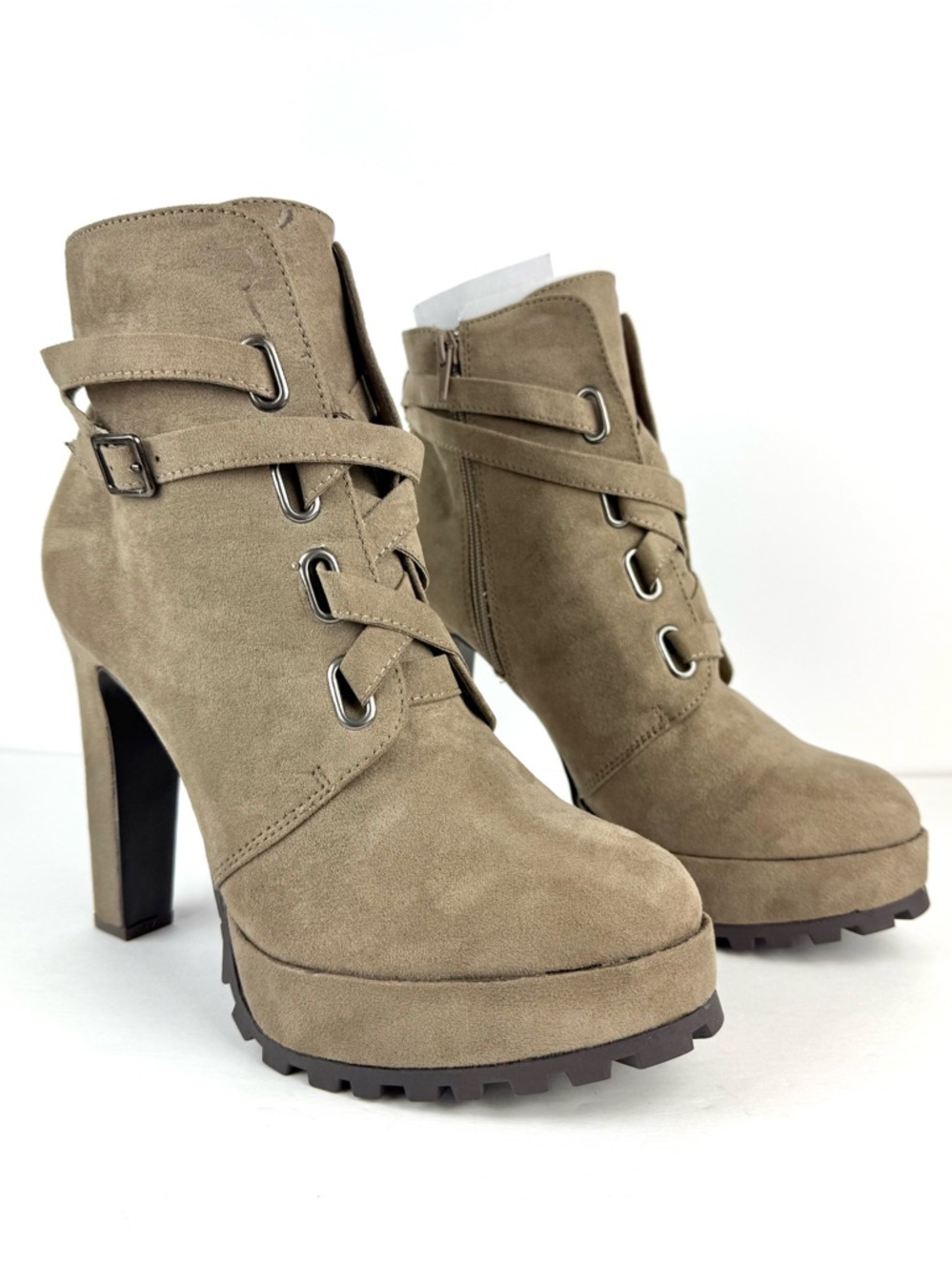 Shoe Dazzle Heather Heeled Combat Bootie Lace Up Buckle Tan Womens 10 NEW
